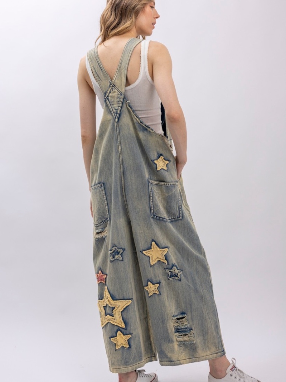 Bluevelvet Star Peace Patchwork Wide Leg Cropped Denim Jean Overalls - Picture 4 of 11